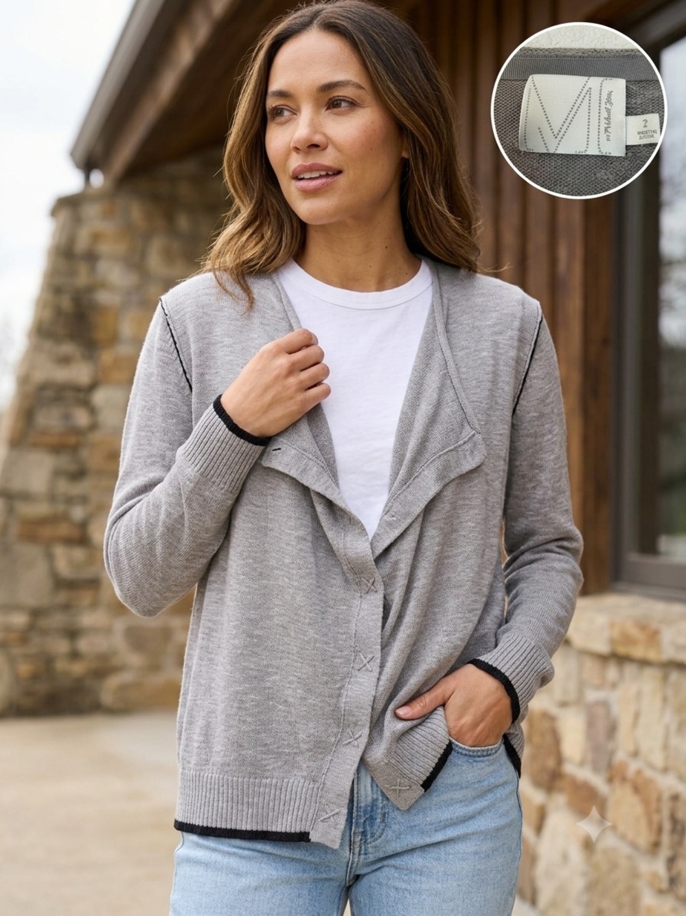Michael Stars Light Gray Open-Front Cardigan with Black Trim